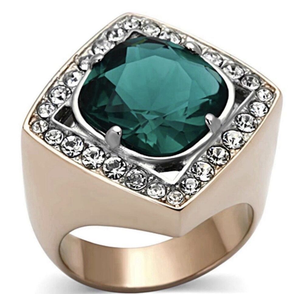 Modern Art Deco Cushion-Cut Halo Ring Blue Green Rose Gold Stainless Steel SZ 8
